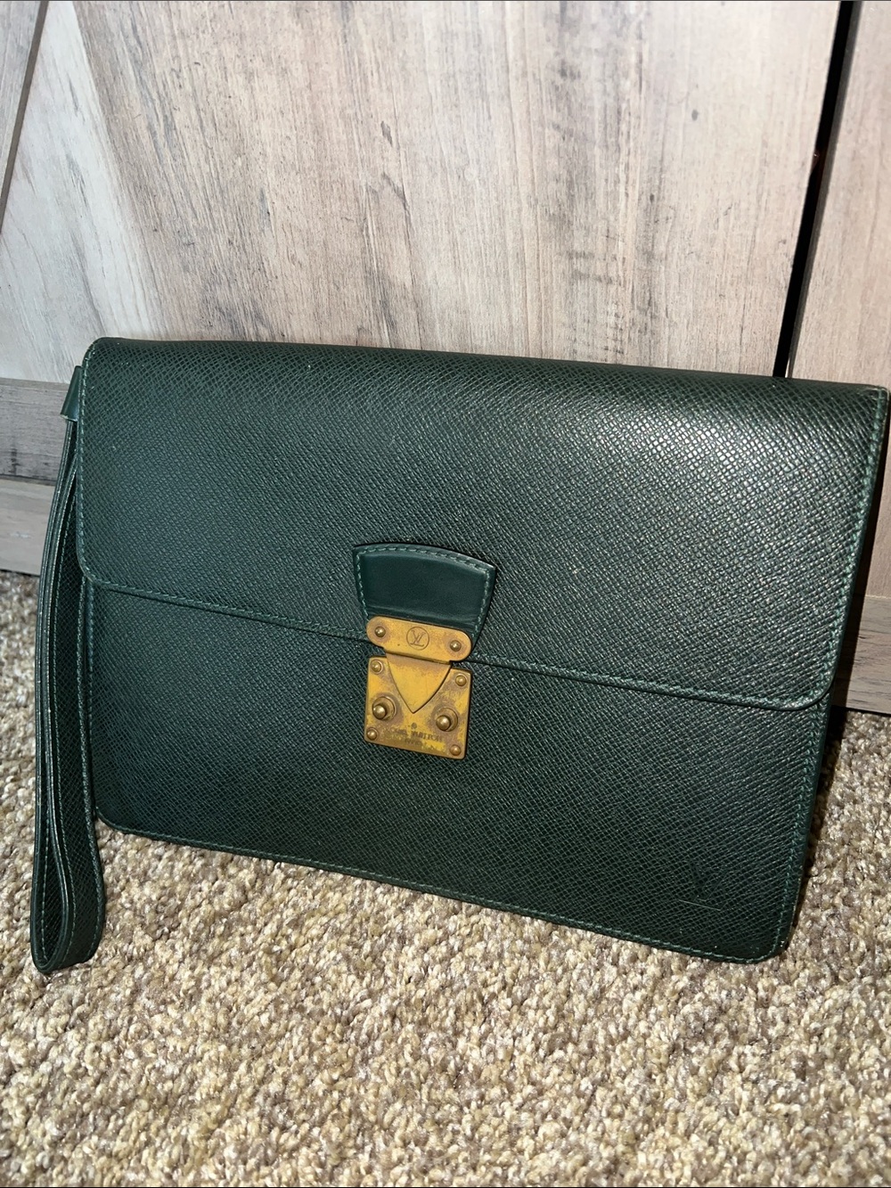 Louis Vuitton Dark Green Leather Wristlet Clutch with Gold Lock